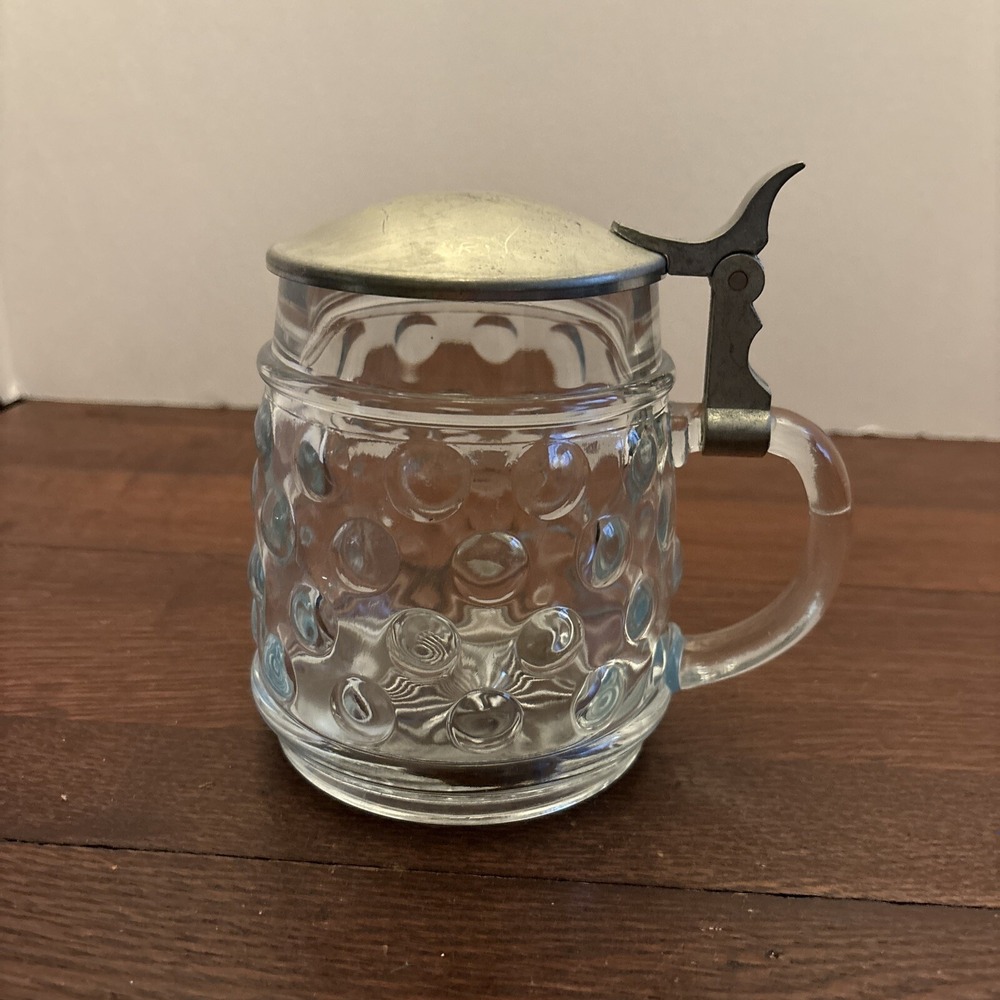 Vintage Rein Zinn German Hobnail Glass Stein w/ Pewter Lid 5.5" Tall